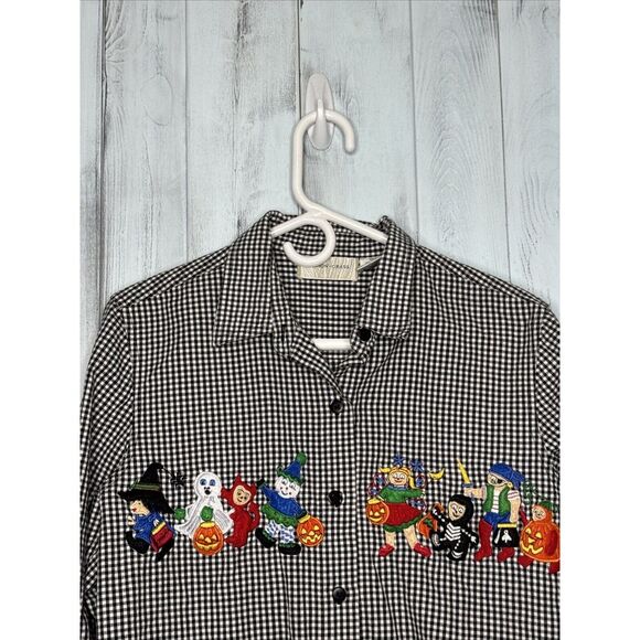 Vintage Lemon Grass Applique Button Shirt Halloween Black Check Trick-or-Treat M - Picture 3 of 13